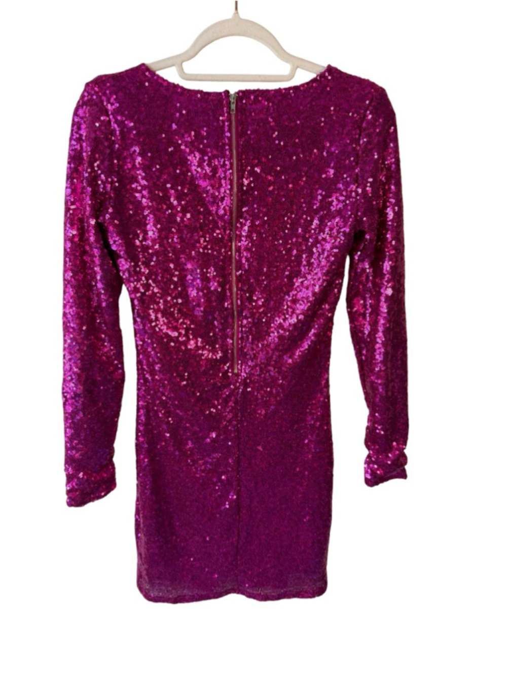 Revamped Fuchsia Sequin Long-Sleeve Mini Dress Size S Y2K Cocktail Party - Picture 3 of 14